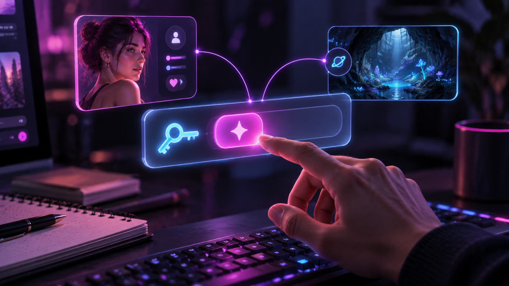 Heartbits testing illustration showing a Janitor AI Lorebook Key being connected to character and setting details